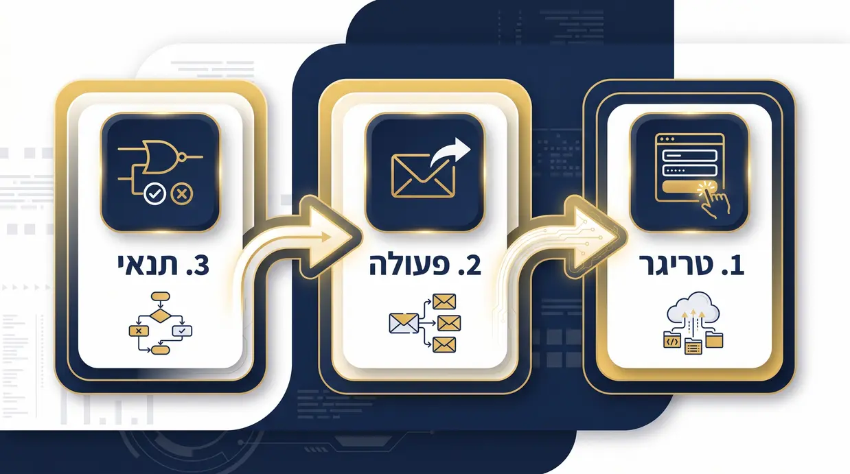 תרשים בעברית המציג את שלושת מרכיבי האוטומציה: טריגר, פעולה ותנאי