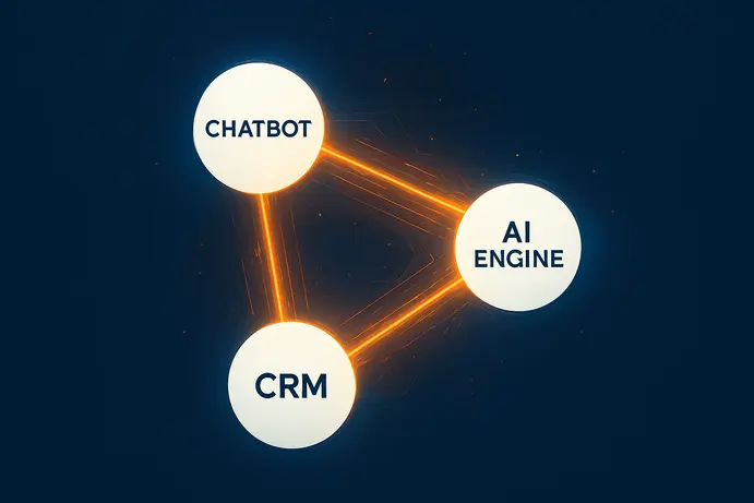 תרשים קונספטואלי של חיבור בין מערכות CRM, AI וצ'אטבוטים
