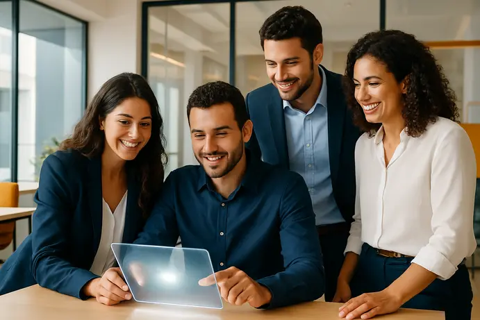 צוות ישראלי עובד יחד בהטמעת מערכת CRM במשרד מודרני