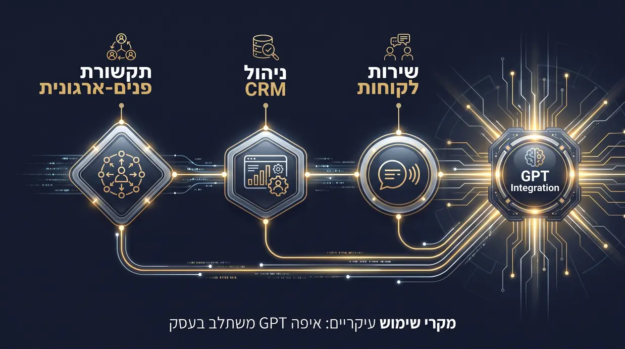 אינפוגרפיק המציג תחומי שימוש עיקריים של GPT בעסקים בישראל