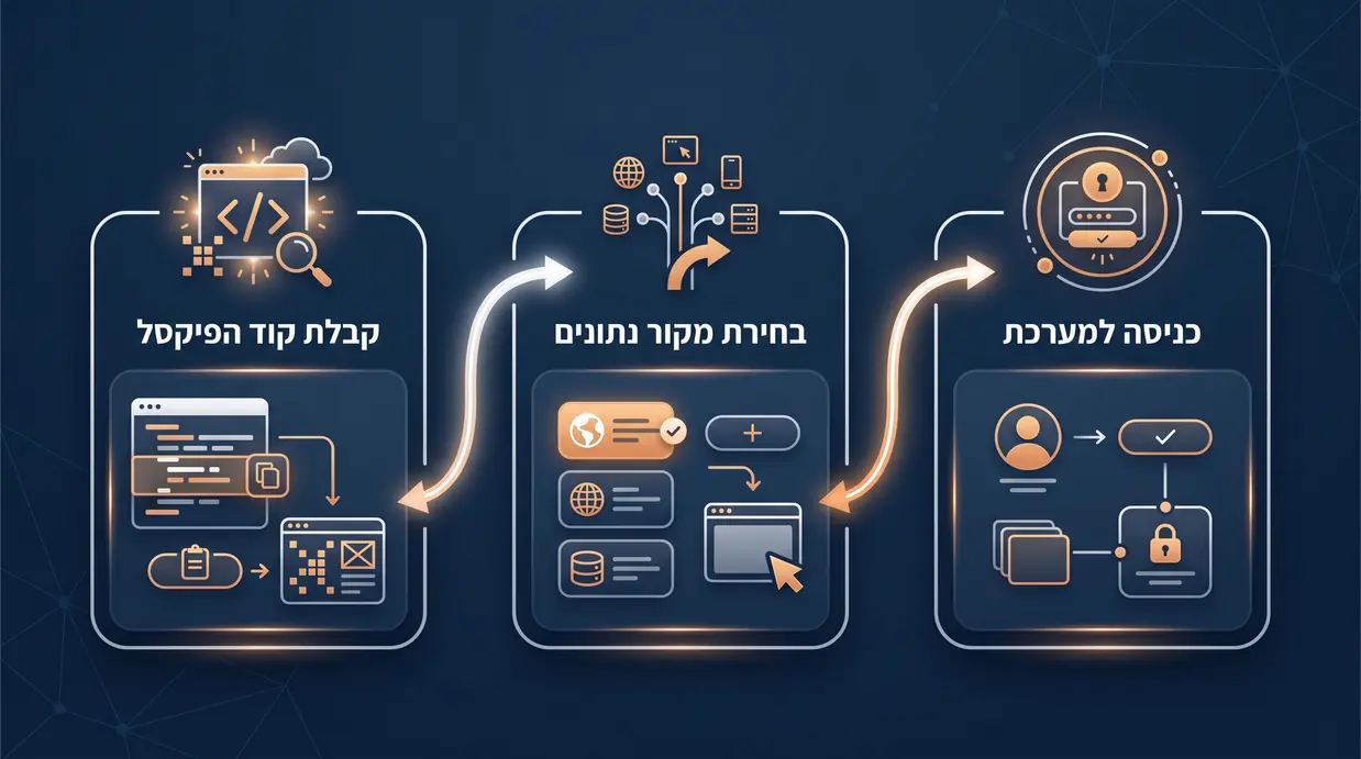 תרשים בעברית המציג את שלבי יצירת הפיקסל במערכת Meta Events Manager