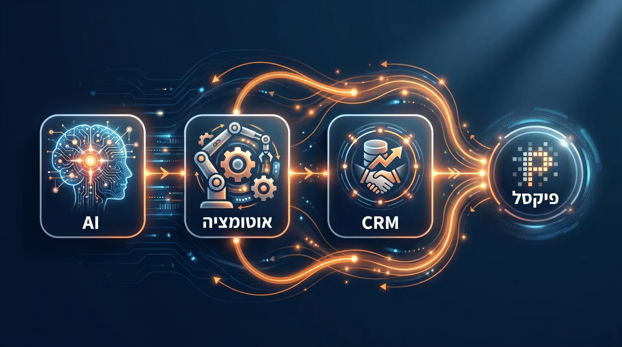 תרשים בעברית המציג זרימת נתונים מהפיקסל למערכות CRM ואוטומציה
