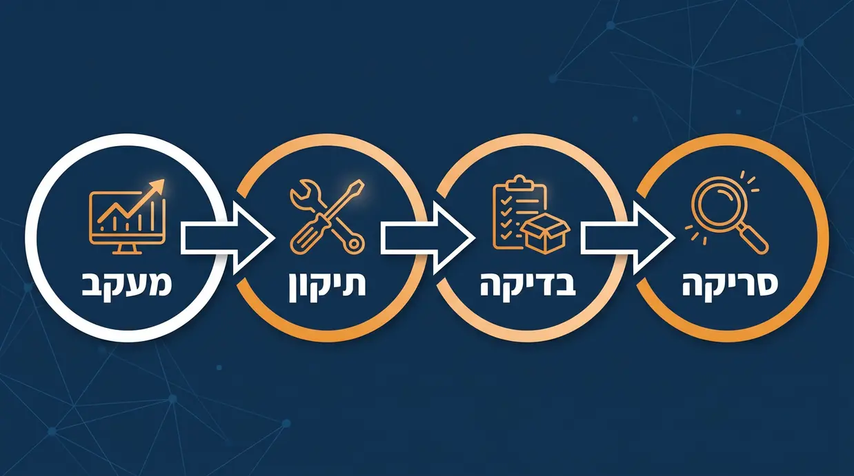תרשים בעברית המציג תהליך עבודה לאיתור ותיקון טעויות SEO