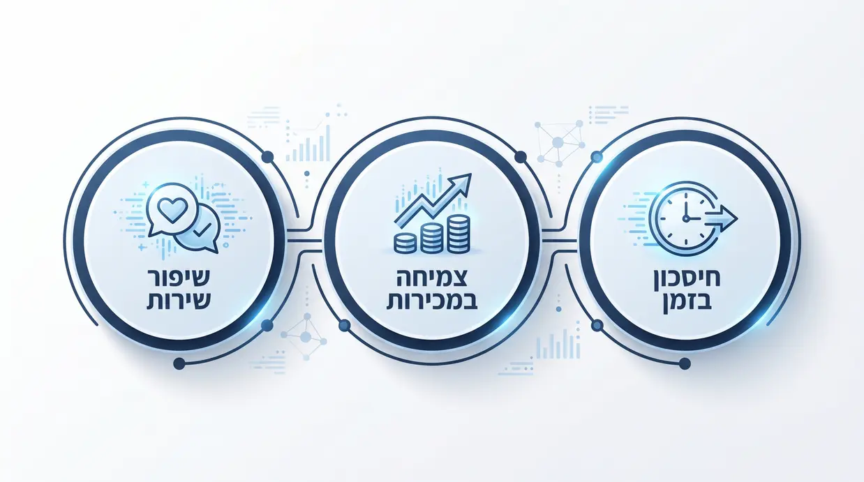 אינפוגרפיקה בעברית המציגה צמיחה, חיסכון בזמן ושיפור שירות בעסקים המשתמשים ב-AI CRM