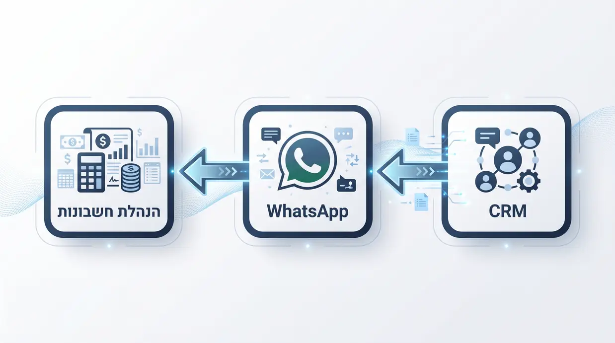 תרשים זרימה בעברית המציג חיבור בין CRM, וואטסאפ והנהלת חשבונות