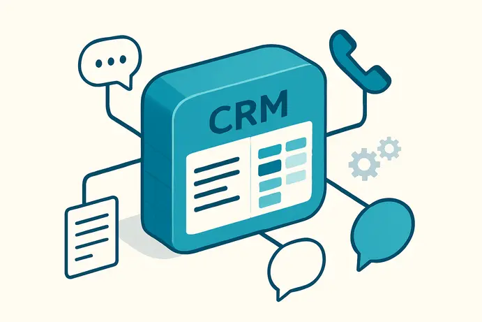 אילוסטרציה של CRM כלב מרכזי המחובר לערוצי לידים שונים בצורה נקייה ומסודרת