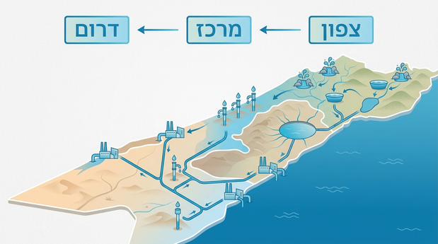 מפת ישראל סכמטית בעברית המחולקת לצפון, מרכז ודרום עם סימון מקורות המים העיקריים
