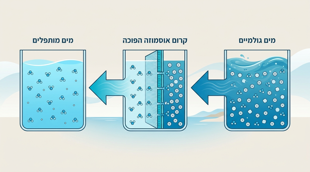 אינפוגרפיקה בעברית המציגה בצורה סכמטית את תהליך האוסמוזה ההפוכה והפרדת המלחים במים