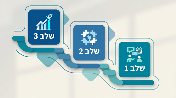 אינפוגרפיקה מימין לשמאל המציגה שלושה שלבים מדורגים ליישום אוטומציית מכירות בעסק
