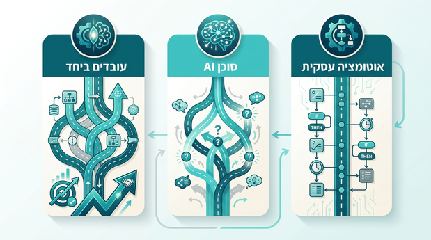 תרשים השוואה ויזואלי בין אוטומציה עסקית לסוכן AI והאזור שבו הם עובדים ביחד בסוכנות