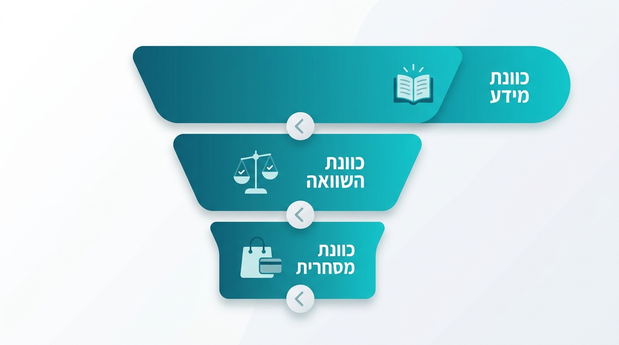 איור משפך כוונת חיפוש ממידע כללי ועד כוונה מסחרית ממוקדת