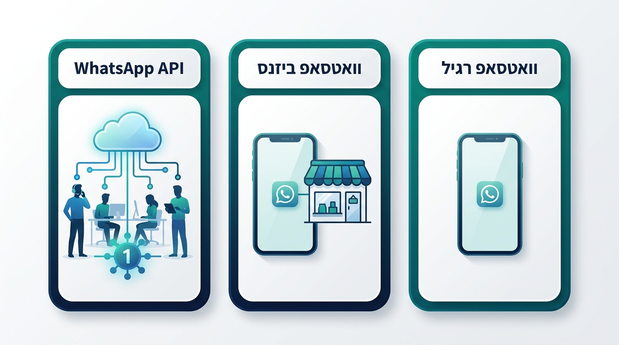 השוואה ויזואלית בין וואטסאפ רגיל בטלפון בודד, וואטסאפ ביזנס משודרג, ומערכת WhatsApp API מחוברת לענן ולצוות