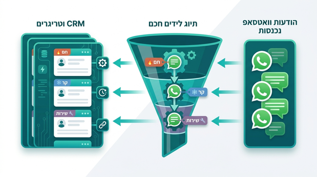 תרשים משפך שמראה הודעות וואטסאפ נכנסות, תיוג לידים לפי צבעים וחיבור ל-CRM