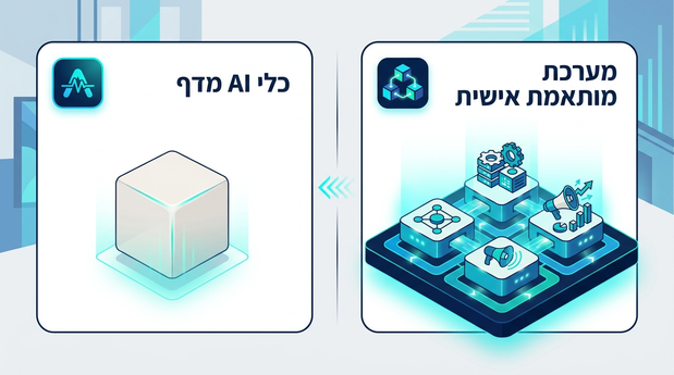 השוואה גרפית בין כלי AI מדף פשוט לבין מערכת AI מותאמת אישית המחוברת לתהליכים ונתונים של העסק