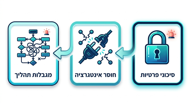 אינפוגרפיקה עם מנעול, מגן ואייקון תהליך שמדגישה סיכוני פרטיות, חוסר אינטגרציה ומגבלות תהליך בכלי AI מדף
