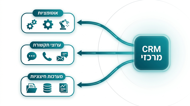 מפת חיבורים סביב CRM מרכזי עם אוטומציות, ערוצי תקשורת ומערכות חיצוניות