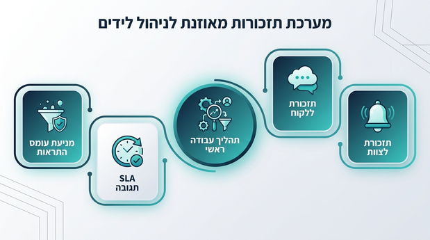 מפת מושגים בעברית שמציגה קשר בין תזכורות לצוות, ללקוח, SLA תגובה ומניעת עומס התראות