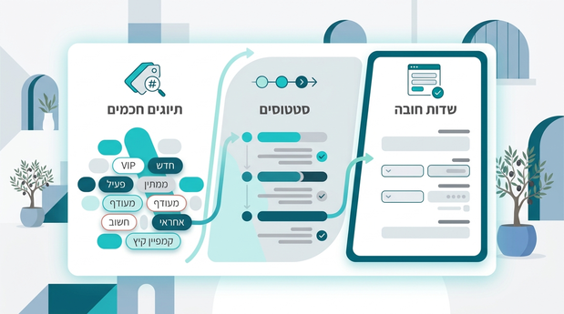 אילוסטרציה של כרטיס CRM מופשט עם חלוקה ברורה לשדות חובה, סטטוסים ותיוגים חכמים