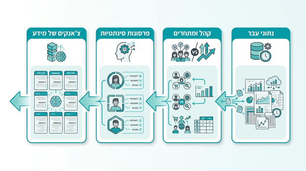 תרשים זרימה שמראה איך נתונים על קהל יעד ומתחרים הופכים לפרסונות סינתטיות ולצ'אנקים של מידע עבור GPT