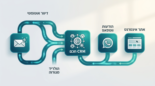מפת מושגים המציגה חיבור בין אתר, CRM, הודעות ווטסאפ ומערכת דיוור בזרימת מידע אחת