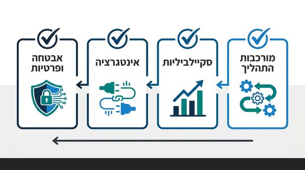 אינפוגרפיקת צ'ק-ליסט בעברית עם סעיפים על מורכבות התהליך, סקיילביליות, אינטגרציה ואבטחה ופרטיות