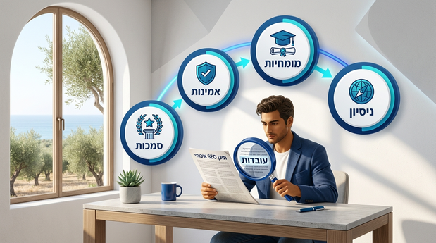 אייקוני E-E-A-T סביב עורך אנושי עם זכוכית מגדלת הבודק מסמך מקצועי