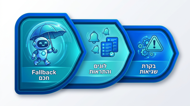 גרפיקה עם מגן אבטחה, תמרור אזהרה ורובוט הממחישה ניהול שגיאות ב-Workflow של n8n ו-GPT