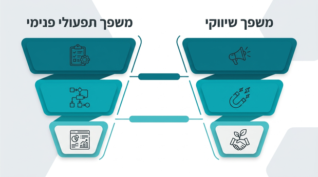 השוואה ויזואלית בין משפך שיווקי למשפך תפעולי פנימי בסוכנות דיגיטל