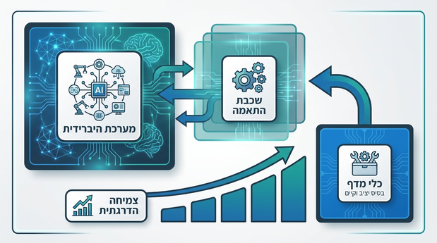 מפת מושגים בעברית שמציגה מודל היברידי שבו כלי מדף מהווים שכבת בסיס ומעליהם שכבת התאמה ומערכת היברידית