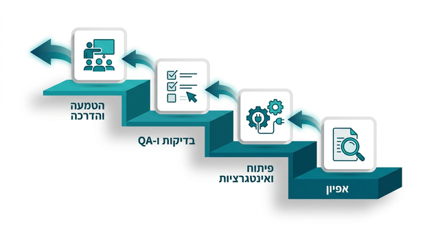 תרשים מדרגות או ציר זמן מימין לשמאל המתאר אפיון, פיתוח, בדיקות והטמעה של CRM