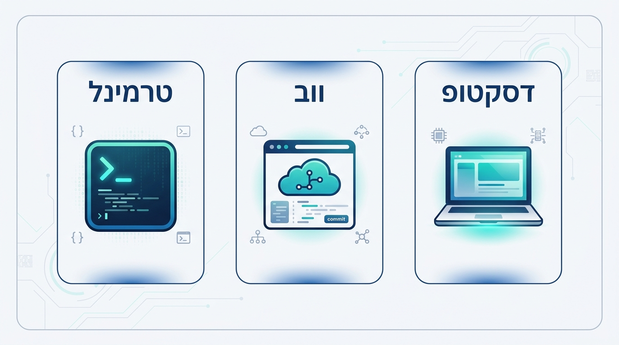 אינפוגרפיקה בעברית המשווה בין שלושת מסלולי ההתקנה של Claude Code: דסקטופ, ווב וטרמינל