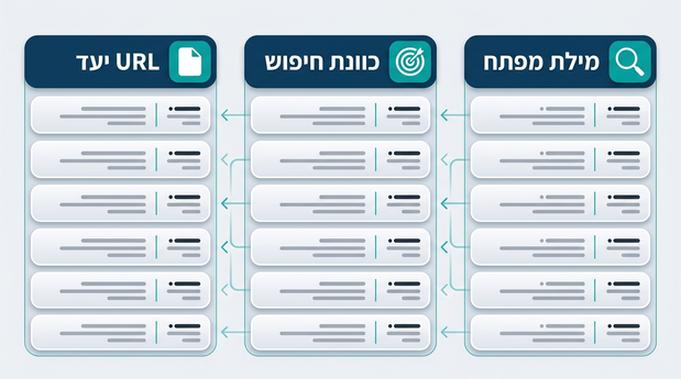איור של טבלת Keyword Mapping עם עמודות למילות מפתח, כוונת חיפוש ו-URL יעד