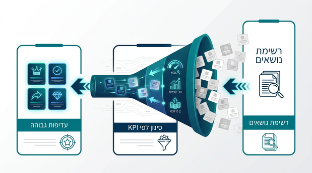 אינפוגרפיקה של משפך המסנן רשימת נושאים לפי KPI ומוציא נושאים בעדיפות גבוהה