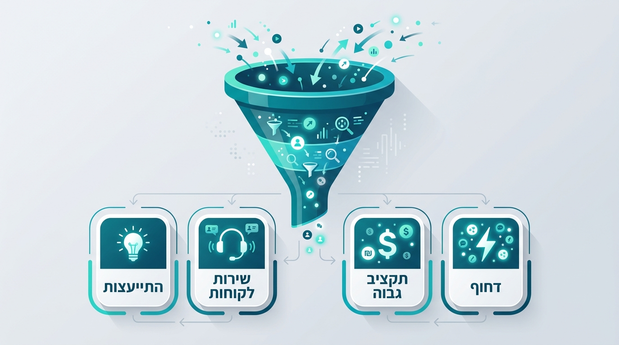 אילוסטרציה של משפך דיגיטלי שמסנן לידים לקטגוריות כמו דחוף, תקציב גבוה ושירות לקוחות