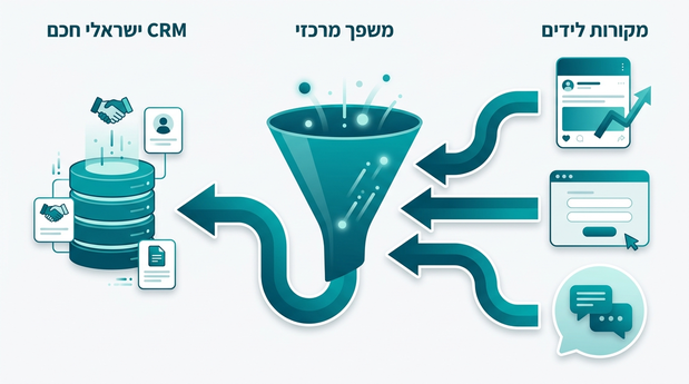 תרשים זרימה של לידים מפייסבוק, אתר ווואטסאפ אל משפך מרכזי שמזין CRM ישראלי חכם