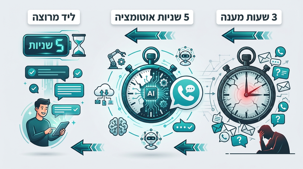 איור של שעון עצר שמציג ירידה מזמן תגובה של 3 שעות ל-5 שניות בעזרת אוטומציה ו-AI