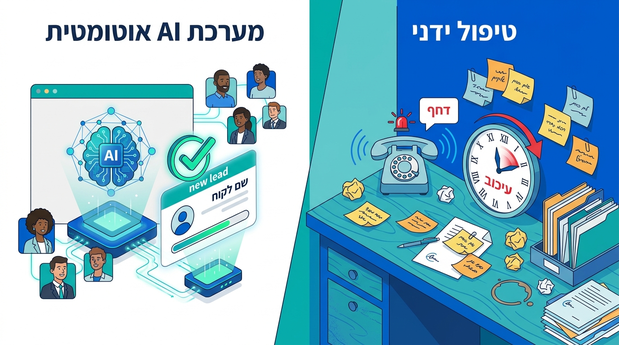השוואה ויזואלית בין טיפול ידני בלידים עם פתקים ושעון לבין מערכת AI אוטומטית שמטפלת בלידים באופן מסודר ומהיר