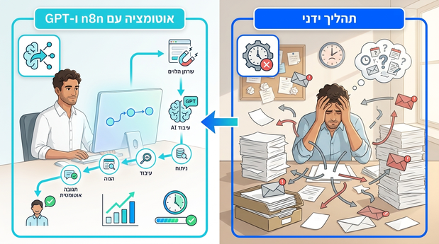 תרשים המשווה בין תהליך קבלת לידים ידני לבין אותו תהליך לאחר אוטומציה עם n8n ו-GPT