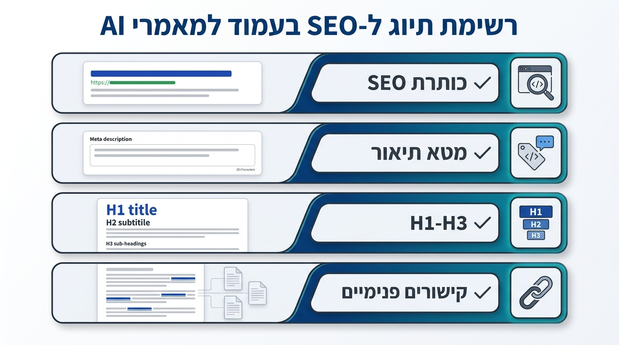 צ׳ק ליסט ויזואלי של דרישות SEO On-Page עם כותרת, מטא תיאור, כותרות H1-H3 וקישורים פנימיים