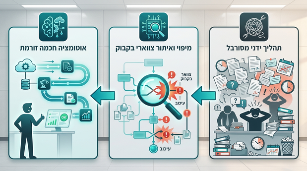 אינפוגרפיקה המציגה מעבר מתהליך ידני מסורבל לתהליך אוטומטי חכם אחרי מיפוי תהליכים