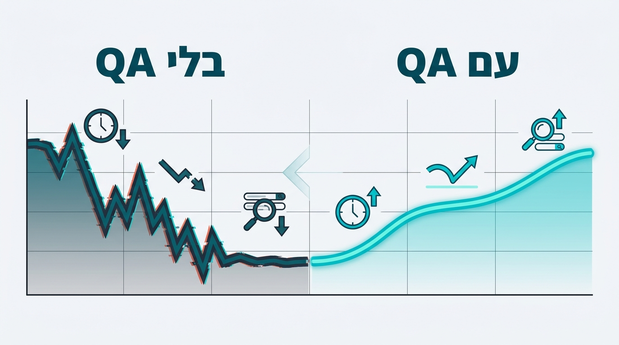 השוואת גרפים בין ביצועי תוכן שנוצר ב-AI עם QA לבין תוכן בלי QA, המדגישה יציבות מול ירידה חדה