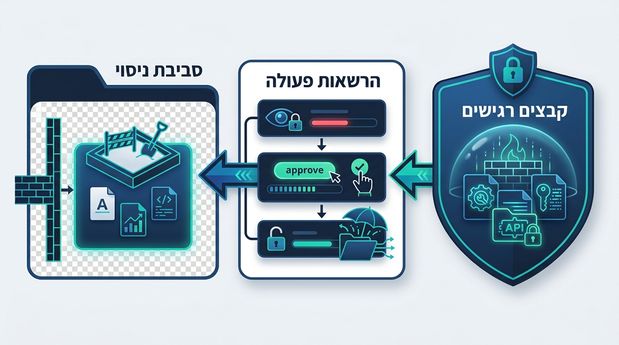 אילוסטרציה של מנעול וחומת מגן סביב קבצים רגישים והפרדה מסביבת ניסוי בטוחה