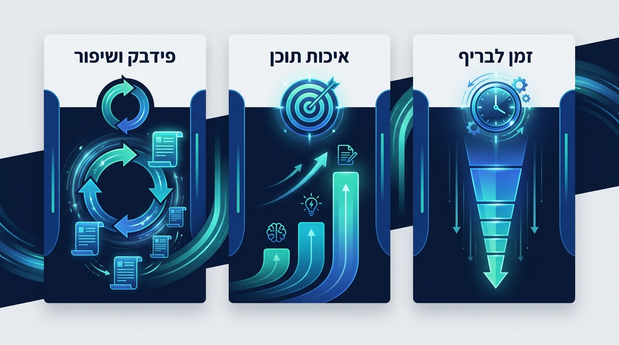 גרף צמיחה עם אייקון שעון, מטרה ולולאת פידבק למדידת הצלחת מערכת AI שיווקית