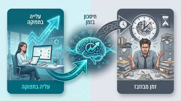 אינפוגרפיקה המשווה בין סיכום שיחות ידני לאוטומטי עם שעון וחיצים שממחישים חיסכון בזמן ועלייה בתפוקה