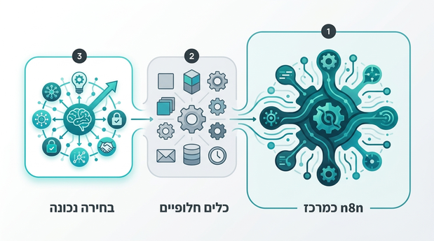 איור השוואה המציג את n8n במרכז לצד כלים חלופיים ובהם הדגשה של בחירה נכונה במערכת האוטומציה