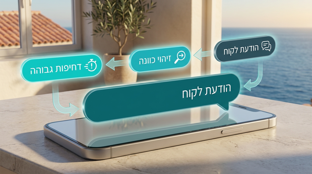 אילוסטרציה של צ'אט בוואטסאפ שבו מערכת AI מסמנת כוונה ודחיפות על הודעת לקוח