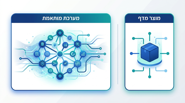 השוואה ויזואלית בין קופסת מוצר מדף לבין רשת מחוברת שמייצגת מערכת AI ארגונית מותאמת