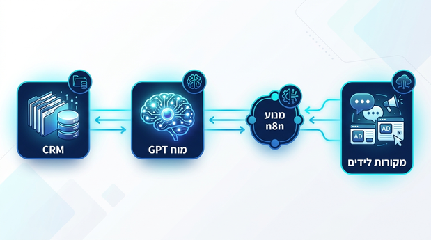 תרשים קונספטואלי בעברית המראה את הזרימה ממקורות לידים דרך n8n ו-GPT אל מערכת CRM מסודרת
