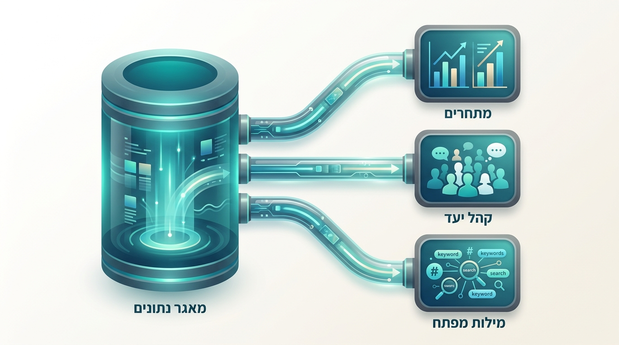 תרשים צינורות מידע ממתחרים, קהל יעד ומילות מפתח אל מאגר נתונים מרכזי אחד